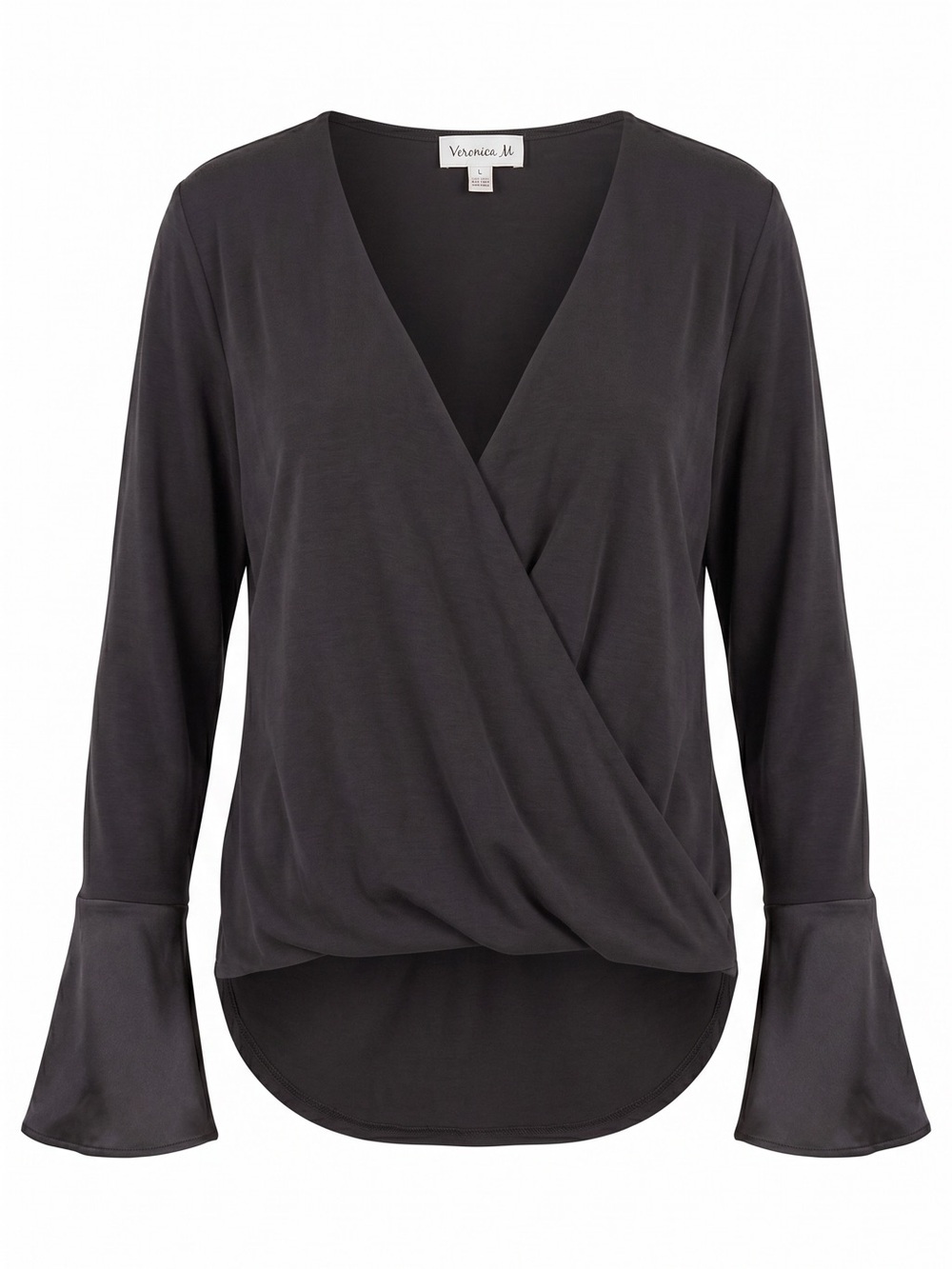 Veronica M Charcoal Black Faux-Wrap Bell Sleeve Top